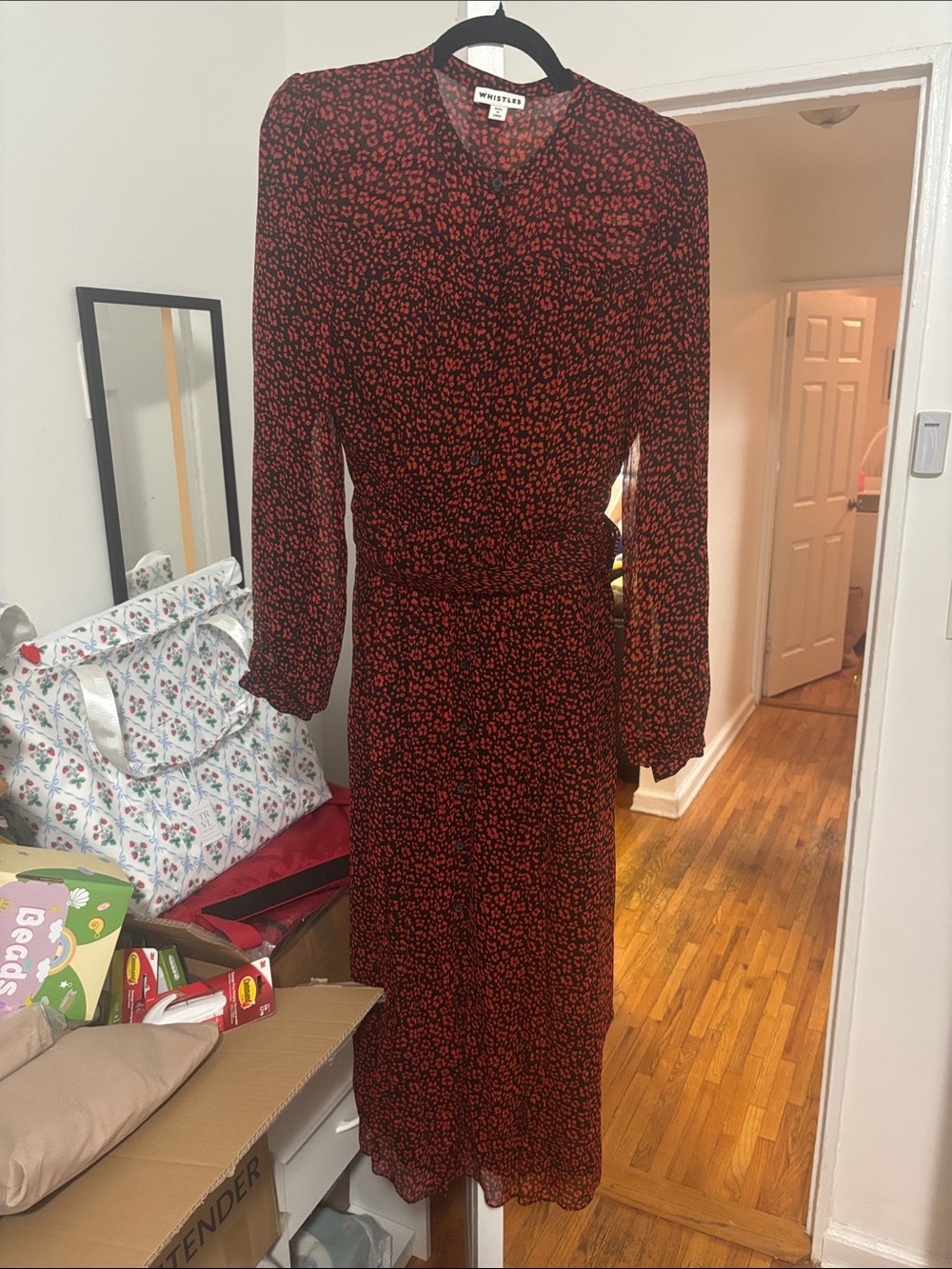 Whistles Red and Black Long-Sleeve Floral button down Midi Dress with belt.